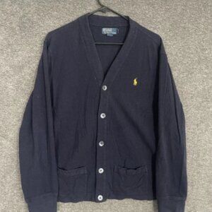 Polo‎ Ralph Lauren Cardigan Mens Large Navy Blue V-Neck Cotton Knit Sweater VTG